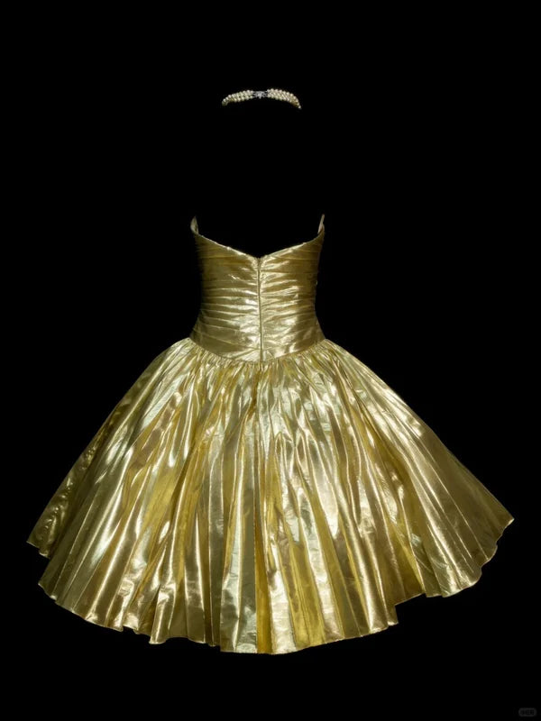 Golden Ball Gown Sweetheart Neck Beaded Pleated Satin Homecoming Dresses Cocktail Dress DP3249
