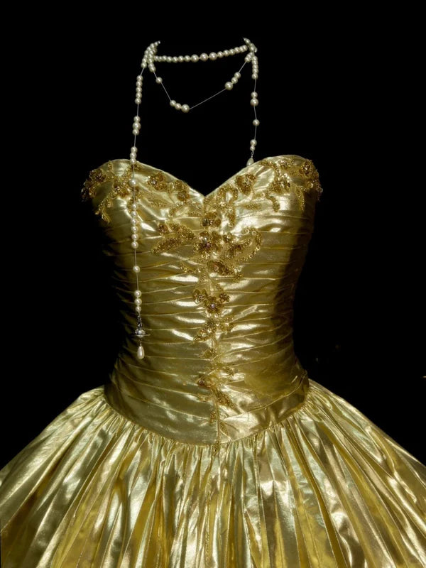 Golden Ball Gown Sweetheart Neck Beaded Pleated Satin Homecoming Dresses Cocktail Dress DP3249