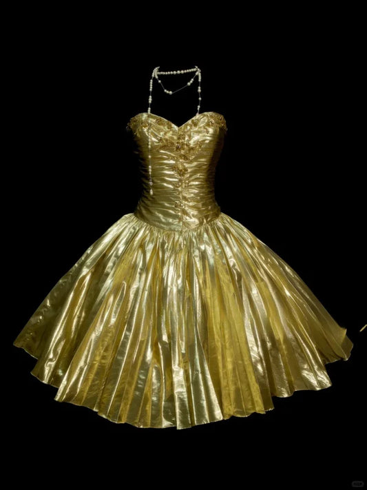 Golden Ball Gown Sweetheart Neck Beaded Pleated Satin Homecoming Dresses Cocktail Dress DP3249