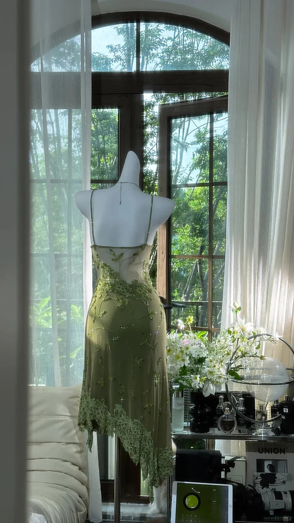 Olive Green A Line Spaghetti Strap Beaded Chiffon Homecoming Dress Cocktail Dress DP3251