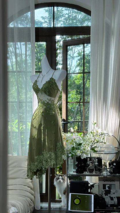 Olive Green A Line Spaghetti Strap Beaded Chiffon Homecoming Dress Cocktail Dress DP3251