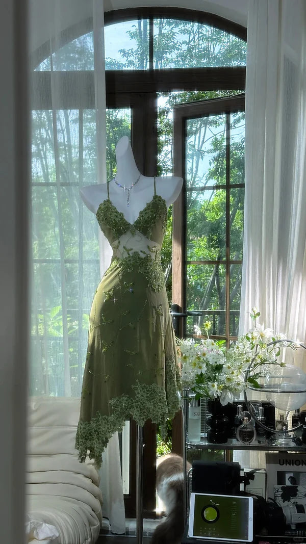 Olive Green A Line Spaghetti Strap Beaded Chiffon Homecoming Dress Cocktail Dress DP3251
