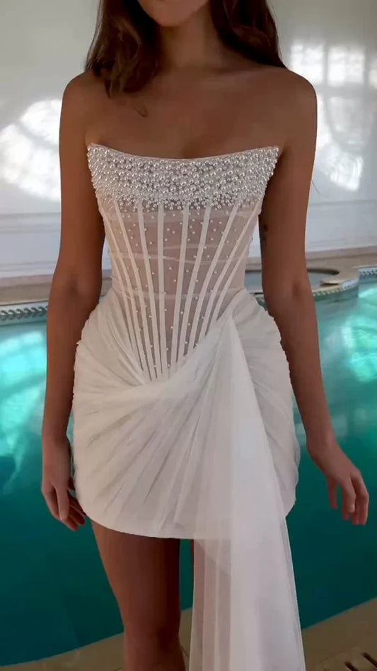 Exquisite White Pearl Sheath Strapless Corset Tulle Homecoming Dresses Cocktail Dress DP3255