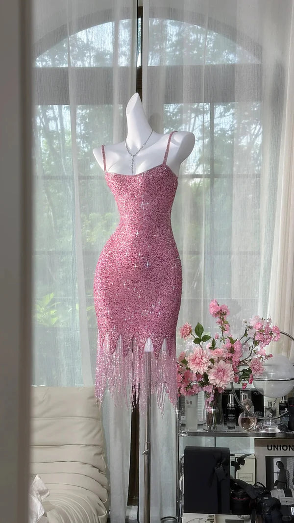 Exquisite Pink Beaded Sheath Spaghetti Strap Short Homecoming Dresses Cocktail Dress DP3250