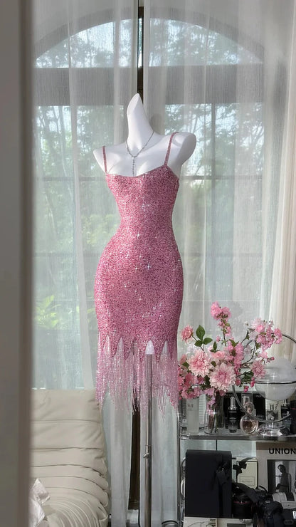 Exquisite Pink Beaded Sheath Spaghetti Strap Short Homecoming Dresses Cocktail Dress DP3250