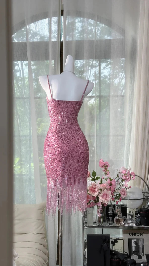 Exquisite Pink Beaded Sheath Spaghetti Strap Short Homecoming Dresses Cocktail Dress DP3250