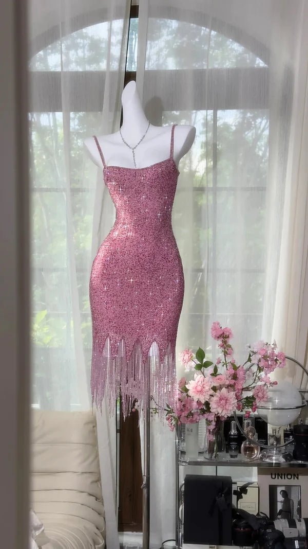 Exquisite Pink Beaded Sheath Spaghetti Strap Short Homecoming Dresses Cocktail Dress DP3250