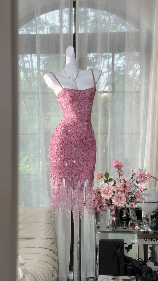 Exquisite Pink Beaded Sheath Spaghetti Strap Short Homecoming Dresses Cocktail Dress DP3250