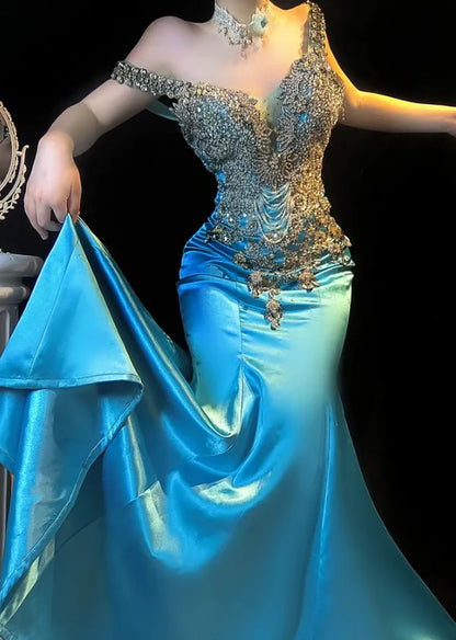 Exquisite Beaded Blue Mermaid Off the Shoulder Satin Prom Dress Evening Dress Formal Dress DP3275