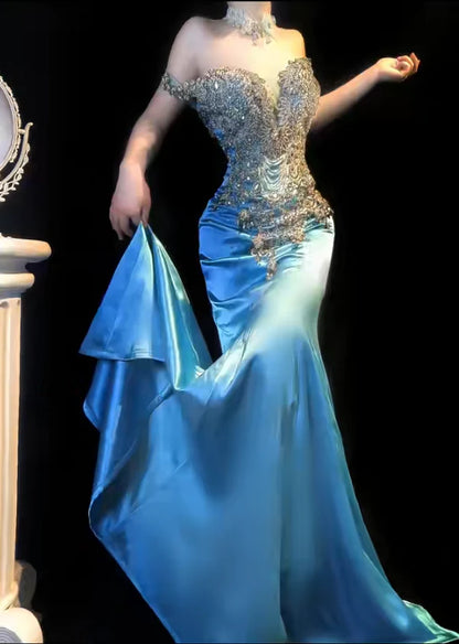 Exquisite Beaded Blue Mermaid Off the Shoulder Satin Prom Dress Evening Dress Formal Dress DP3275