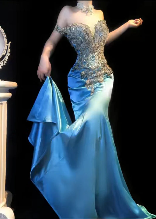 Exquisite Beaded Blue Mermaid Off the Shoulder Satin Prom Dress Evening Dress Formal Dress DP3275