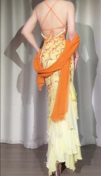 Exquisite Orange Ombre Sheath Spaghetti Strap Beaded Ruffle Chiffon Long Prom Dress Evening Dress Formal Dress DP3273