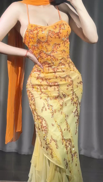 Exquisite Orange Ombre Sheath Spaghetti Strap Beaded Ruffle Chiffon Long Prom Dress Evening Dress Formal Dress DP3273