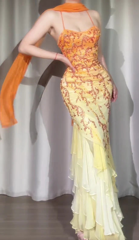 Exquisite Orange Ombre Sheath Spaghetti Strap Beaded Ruffle Chiffon Long Prom Dress Evening Dress Formal Dress DP3273
