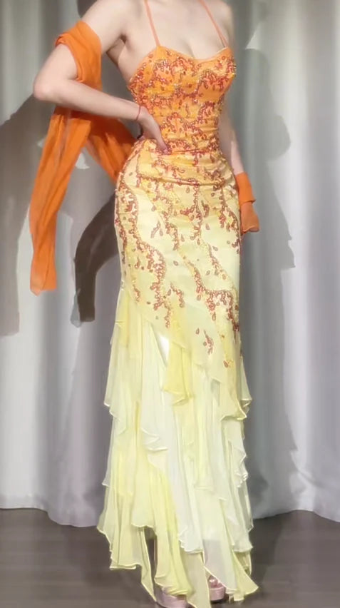 Exquisite Orange Ombre Sheath Spaghetti Strap Beaded Ruffle Chiffon Long Prom Dress Evening Dress Formal Dress DP3273