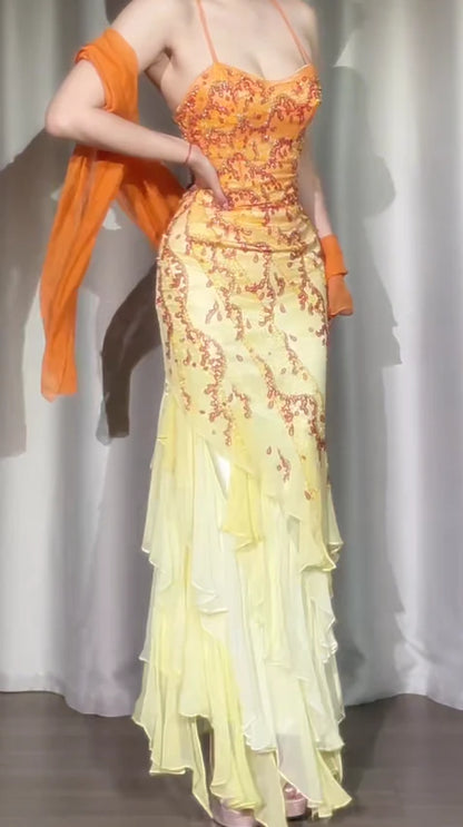Exquisite Orange Ombre Sheath Spaghetti Strap Beaded Ruffle Chiffon Long Prom Dress Evening Dress Formal Dress DP3273