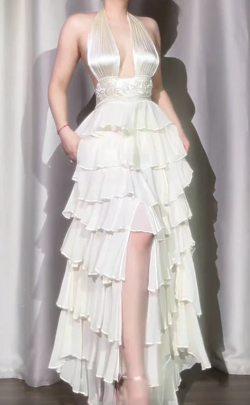 Dreamy Ivory A Line Halter Beaded Layered Satin Chiffon Prom Dress Evening Dress Formal Dress DP3274