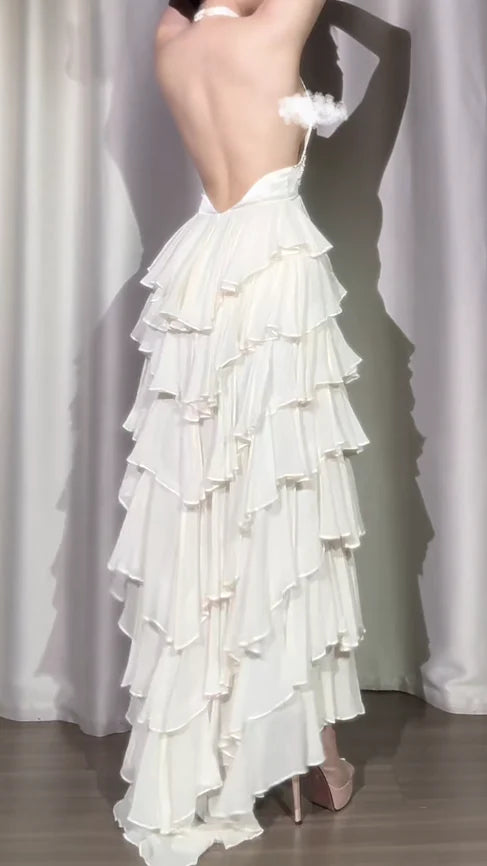 Dreamy Ivory A Line Halter Beaded Layered Satin Chiffon Prom Dress Evening Dress Formal Dress DP3274