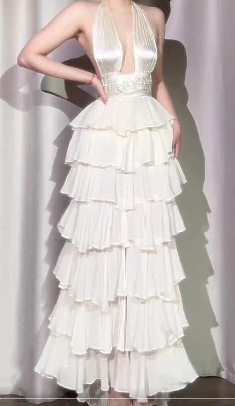 Dreamy Ivory A Line Halter Beaded Layered Satin Chiffon Prom Dress Evening Dress Formal Dress DP3274