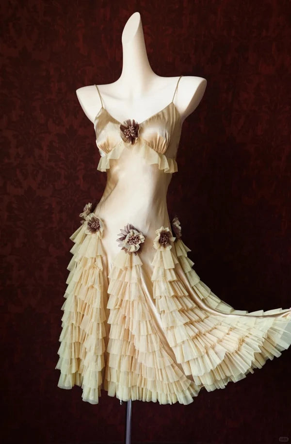 Elegant Light Champagne Sheath Birthday Dress Vintage Satin Tiered Tulle Short Formal Dress with Appliques DP7572