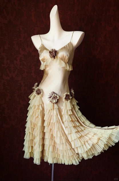 Elegant Light Champagne Sheath Birthday Dress Vintage Satin Tiered Tulle Short Formal Dress with Appliques DP7572