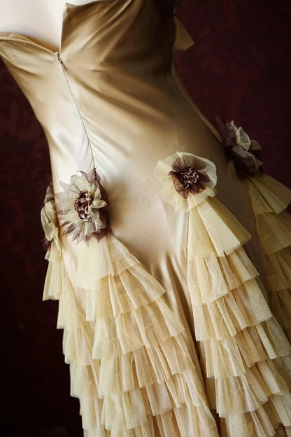 Elegant Light Champagne Sheath Birthday Dress Vintage Satin Tiered Tulle Short Formal Dress with Appliques DP7572