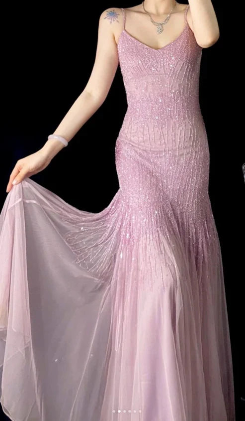 Lilac Mermaid Spaghetti Strap Beaded Chiffon Long Prom Dress Graduation Prom Dress DP5745