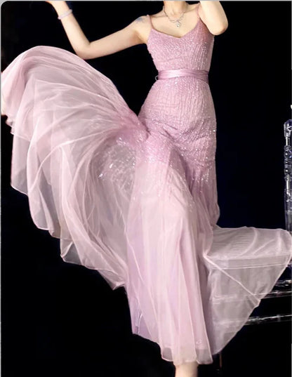 Lilac Mermaid Spaghetti Strap Beaded Chiffon Long Prom Dress Graduation Prom Dress DP5745
