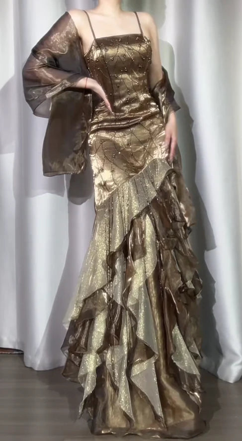 Gorgeous Sheath Long Prom Dress Spaghetti Straps Birthday Dress Beaded Satin Formal Dresses DP4359