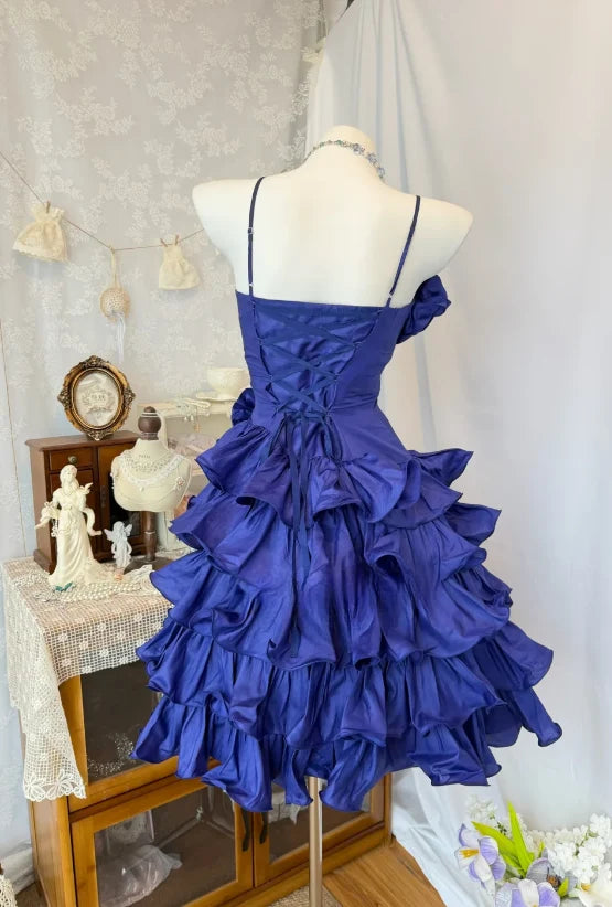 Purple A Line Spaghetti Strap Layered Satin Short Homecoming Dress DP7553