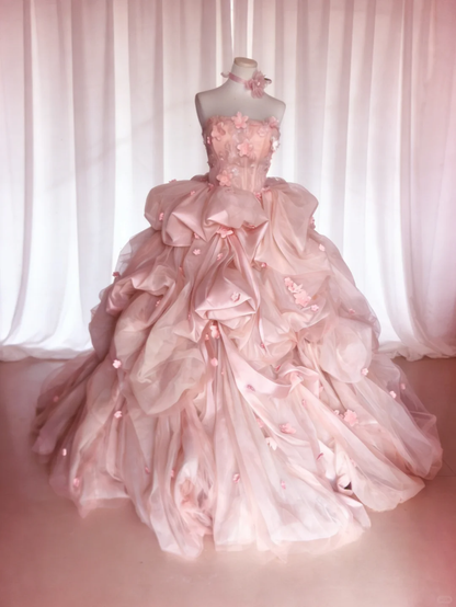Pink Vintage Ball Gown Strapless Floral Layered Tulle Prom Dress Party Dress DP5010