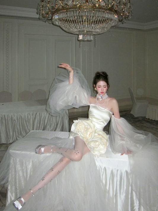 Cute A Line Strapless Ivory Flower Satin Tulle Short Homecoming Dress Cocktail Dress DP2449
