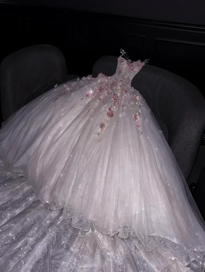 Sweety Pink Floral Ball Gown Strapless White Tulle Prom Dresses DP4642