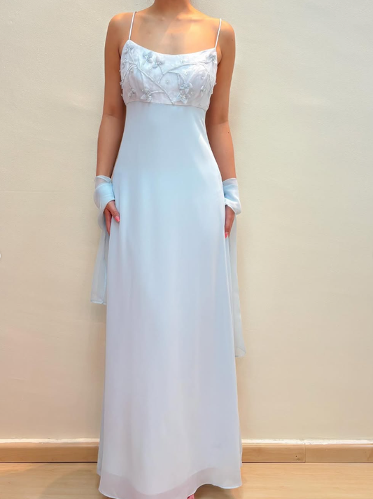 Baby Blue Sheath Spaghetti Straps Appliques Chiffon Prom Dress Evening Dress DP1790