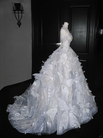 Unique A Line Strapless 3D Butterfly Sequin White Tulle Prom Dress Party Dress DP2685
