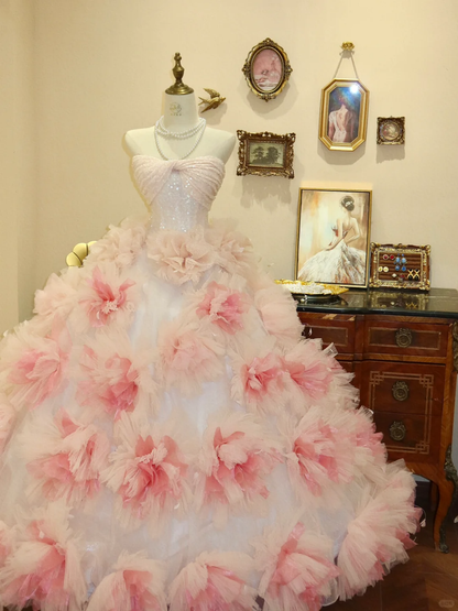 Light Pink Ball Gown Sweetheart Neck Sequin Floral Tulle Prom Dress Evening Dress DP7057