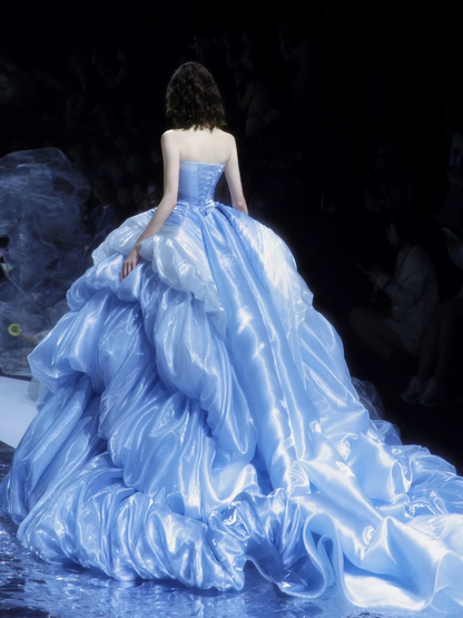 Stunning Blue Ball Gown Strapless Pleated Layered Satin Long Prom Dress DP2836