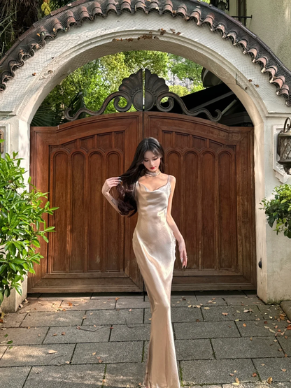 Unique A Line Spaghetti Strap Satin Long Prom Dress Party Dress DP3962