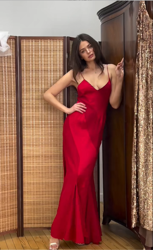 Sexy Red Mermaid Spaghetti Strap Simple Satin Prom Dress Evening Dress DP4775