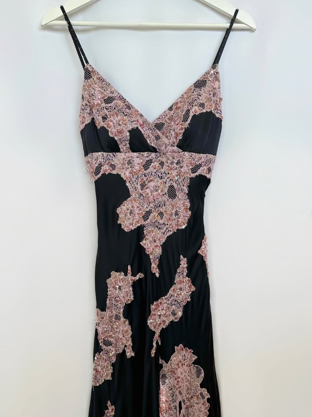 Vintage Sexy A Line Spaghetti Strap Pink Lace Black Satin Prom Dress Evening Dress Date Dress DP3039