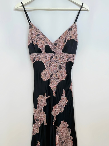 Vintage Sexy A Line Spaghetti Strap Pink Lace Black Satin Prom Dress Evening Dress Date Dress DP3039