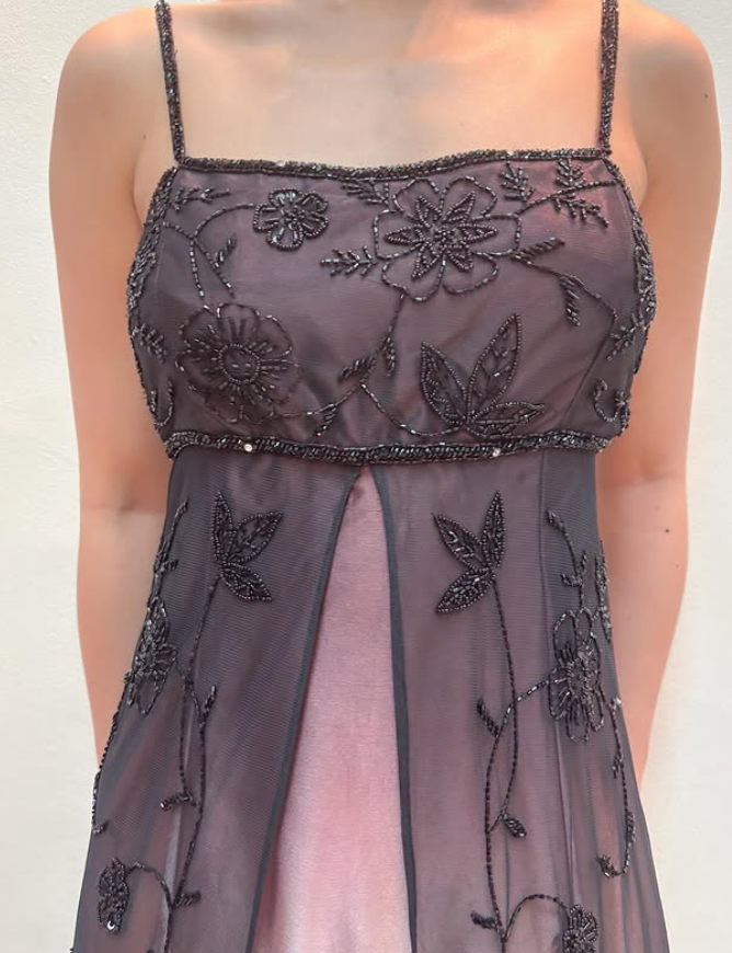 Vintage Pink Ombre A Line Beaded Black Tulle Satin Prom Dress Evening Dress Date Dress DP5275