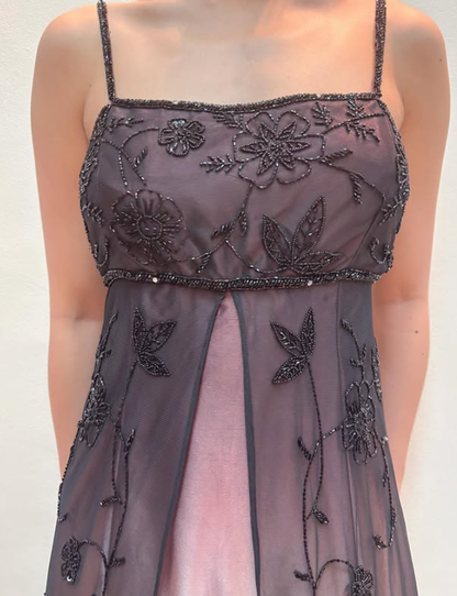 Vintage Pink Ombre A Line Beaded Black Tulle Satin Prom Dress Evening Dress Date Dress DP5275