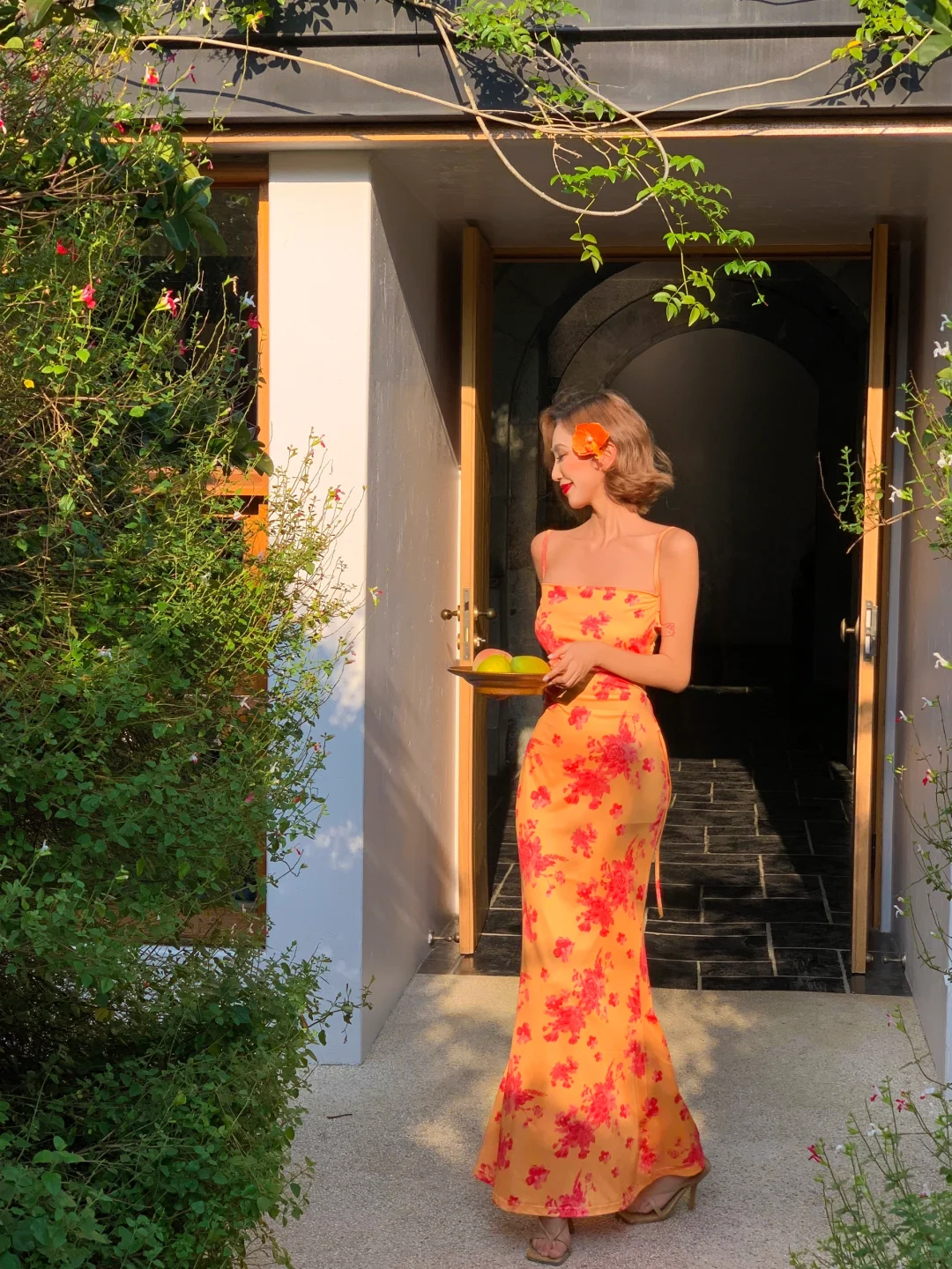 Sexy Sheath Spaghetti Straps Orange Print Floral Satin Long Prom Dress Outfits DP3848