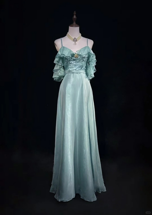 Blue Retro Gentle A Line Off the Shoulder Lace Satin Prom Dress Party Dress DP2774
