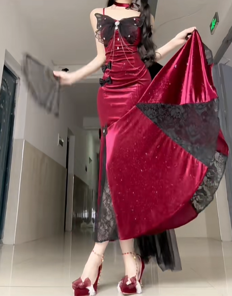 Sexy Burgundy Mermaid Straps Bow Lace Velvet Prom Dress Graduation Ball Gown DP4563