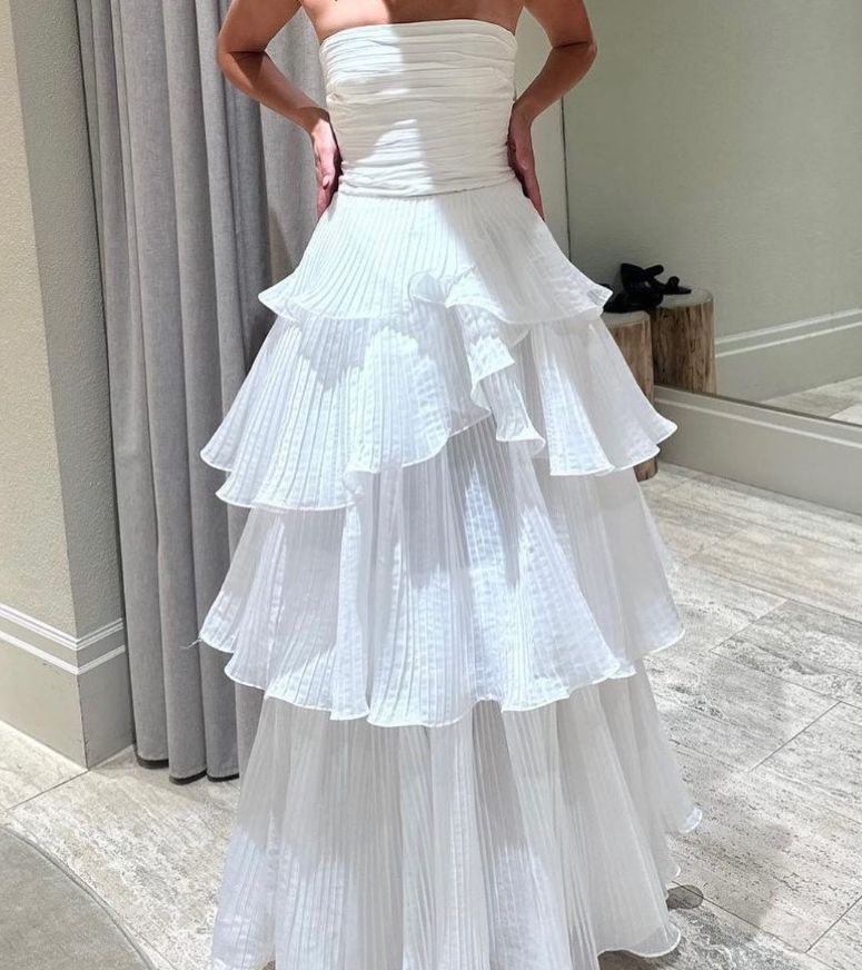 White A Line Strapless Layered Tulle Long Prom Dress Evening Dress DP7468
