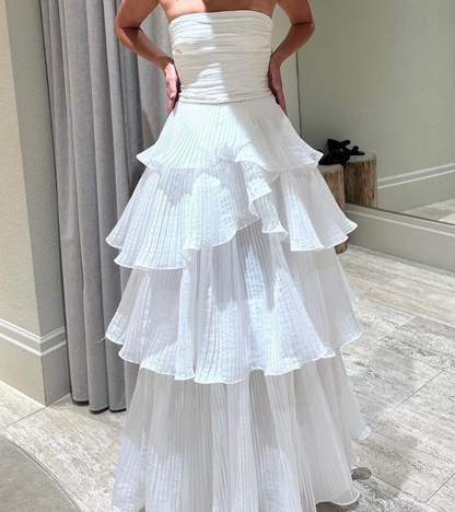 White A Line Strapless Layered Tulle Long Prom Dress Evening Dress DP7468