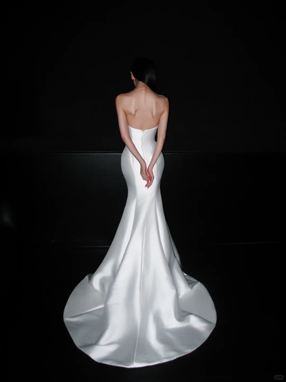 White Unique Mermaid Strapless Satin Long Sweep Wedding Dress DP5789