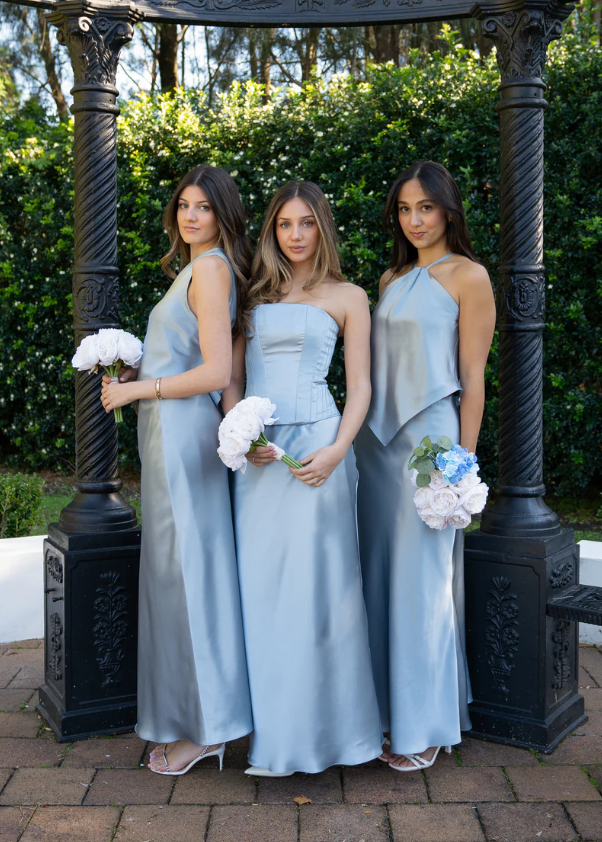 Chambray Blue Elegant A Line One Shoulder Satin Bridesmaid Dress DP4972
